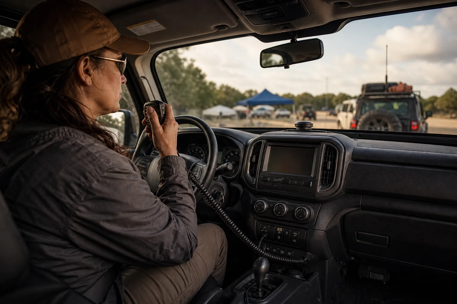 A civilian emergency communications specialist using a vehicle-mounted radio microphone at a rural response staging area