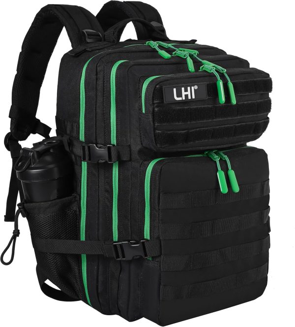45L MOLLE Tactical Backpack with Laptop Compartment – Black with Green Zipper