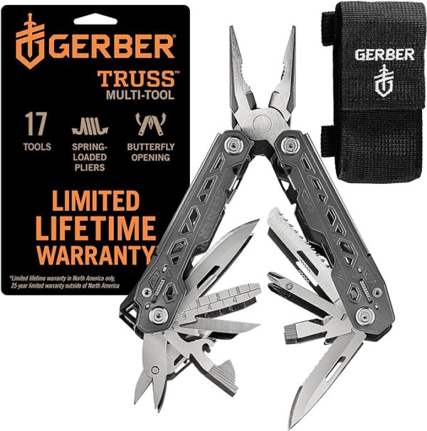 Gerber Gear Truss 17-in-1 Multi-Tool: Needle Nose Pliers, Pocket Knife, Screwdriver, and More in Gray Sheath