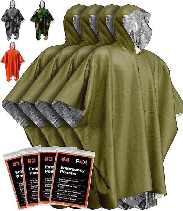 PREPARED4X Emergency Rain Poncho with Mylar Blanket Liner - Ultimate Survival Gear Combo for Camping