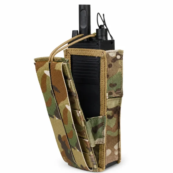 Camouflage Military Pocket Interphone Bag holding a handheld radio